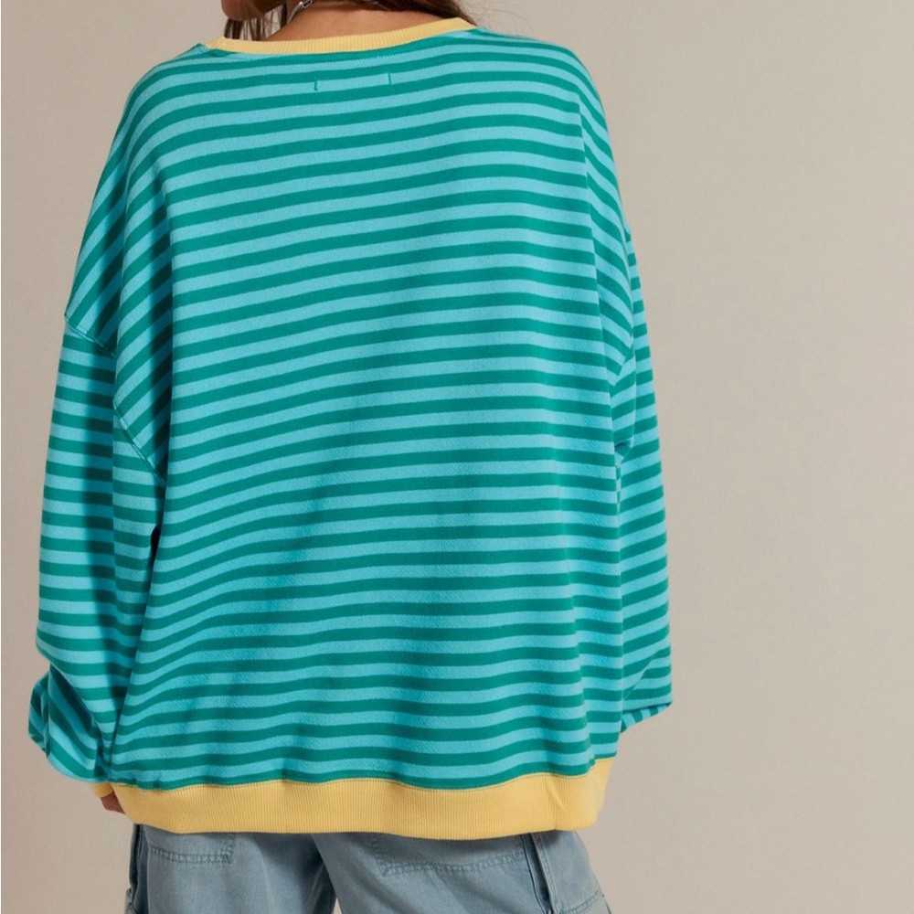 Free People Striped Camden Sweatshirt in blue and yellow. - Picture 3 of 6